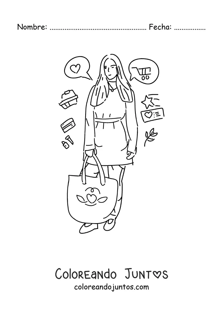 Imagen para colorear de una chica de compras con su bolsa