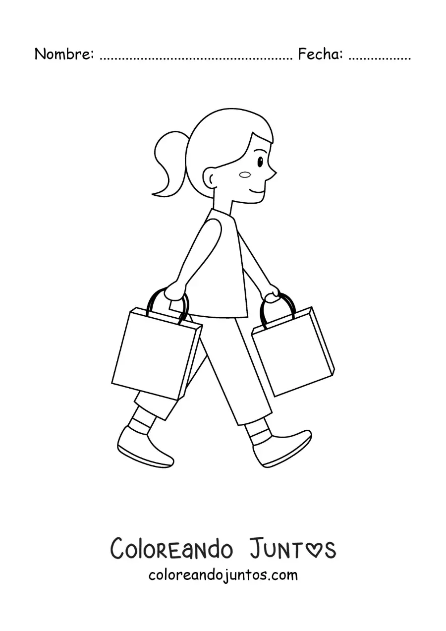 Imagen para colorear de una niña caminando con dos bolsas de compra