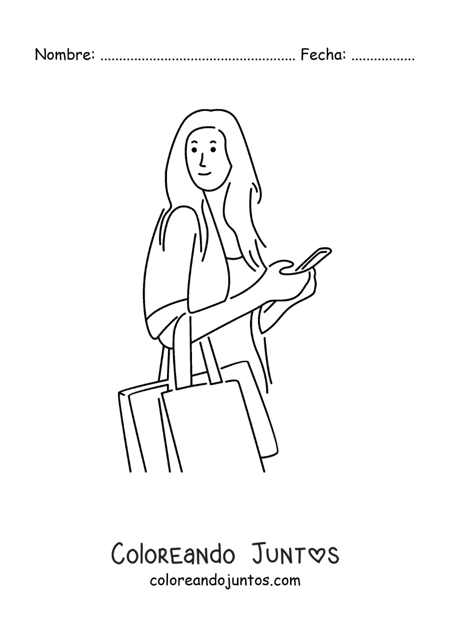 Imagen para colorear de una chica de compras con bolsas y el teléfono en la mano