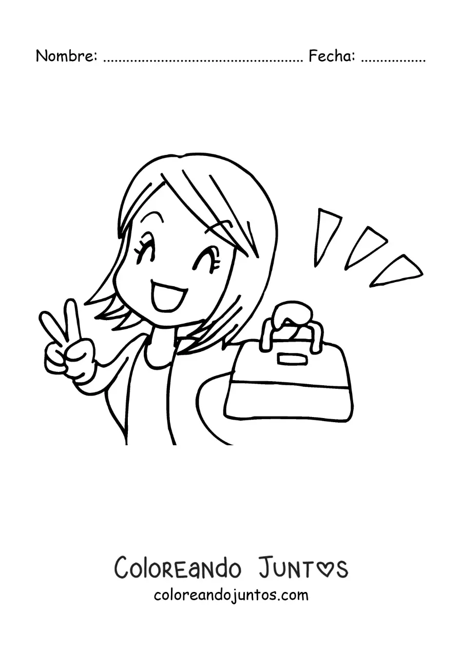 Imagen para colorear de una caricatura de una mujer feliz por comprar un bolso nuevo