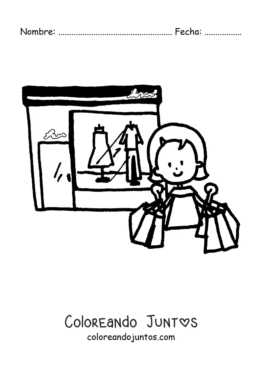 Imagen para colorear de una mujer de compras frente a una tienda de ropa con bolsas