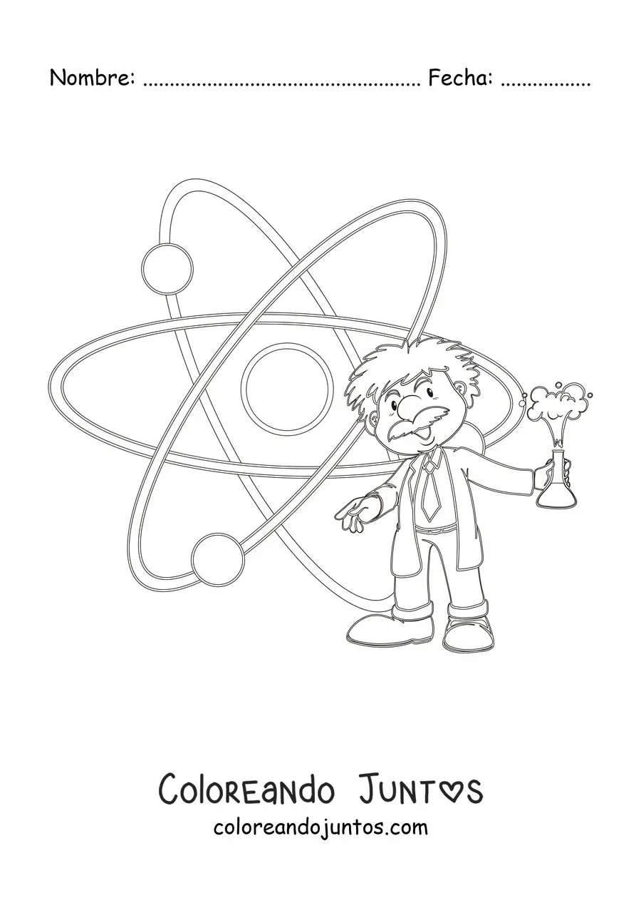 Imagen para colorear de Albert Einstein animado junto a un átomo