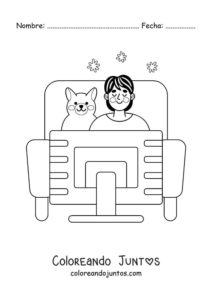 Imagen para colorear de un chico y su perro viendo películas en casa