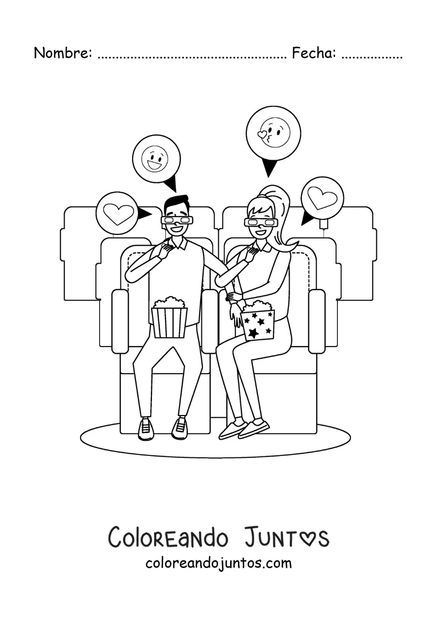Imagen para colorear de una pareja viendo una película en una cita en el cine