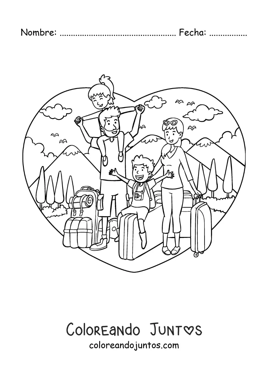 Imagen para colorear de una familia con niños con maletas de viaje en la naturaleza