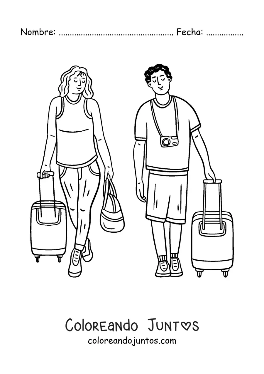 Imagen para colorear de una pareja de viajeros con maletas