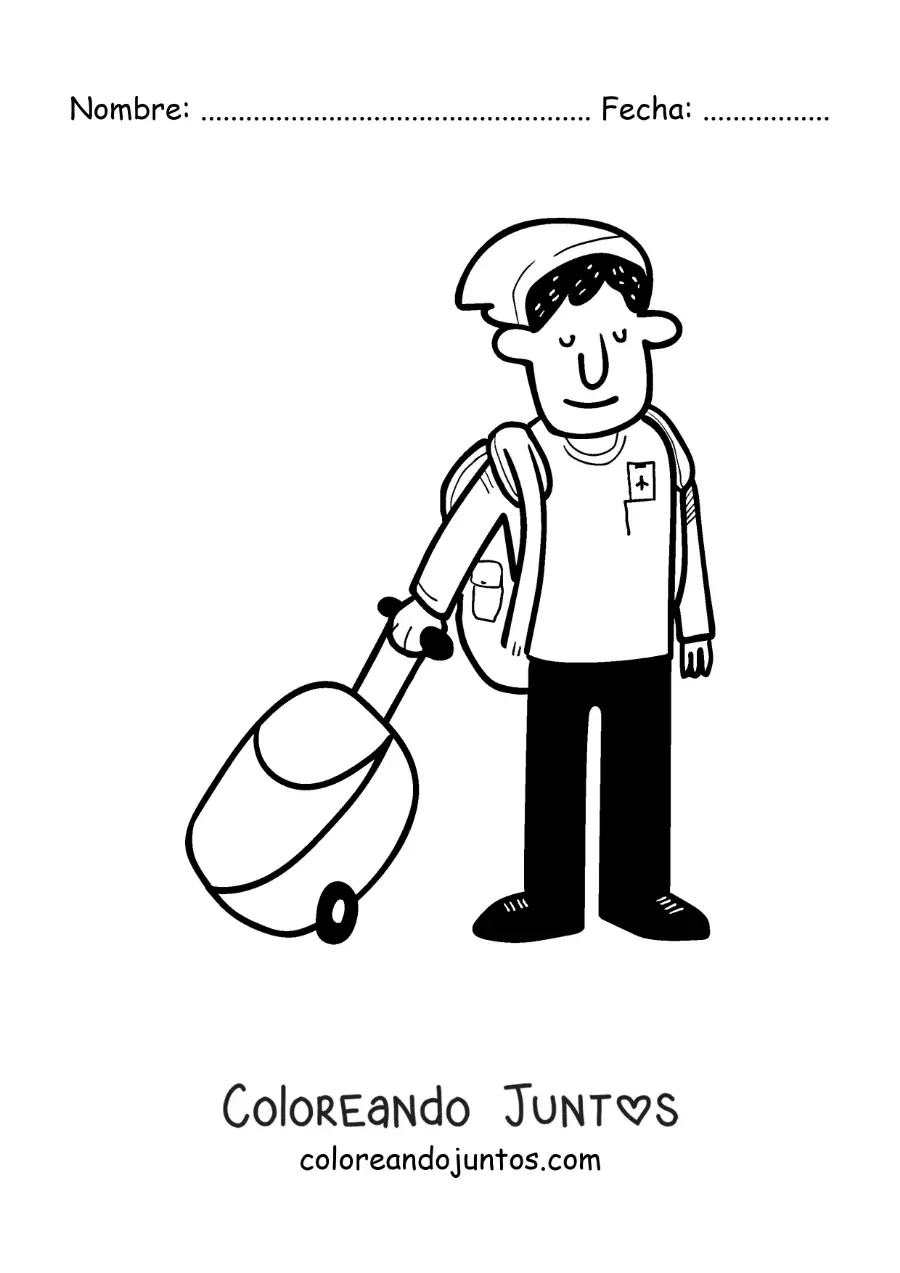 Imagen para colorear de una caricatura de un chico viajero con su maleta
