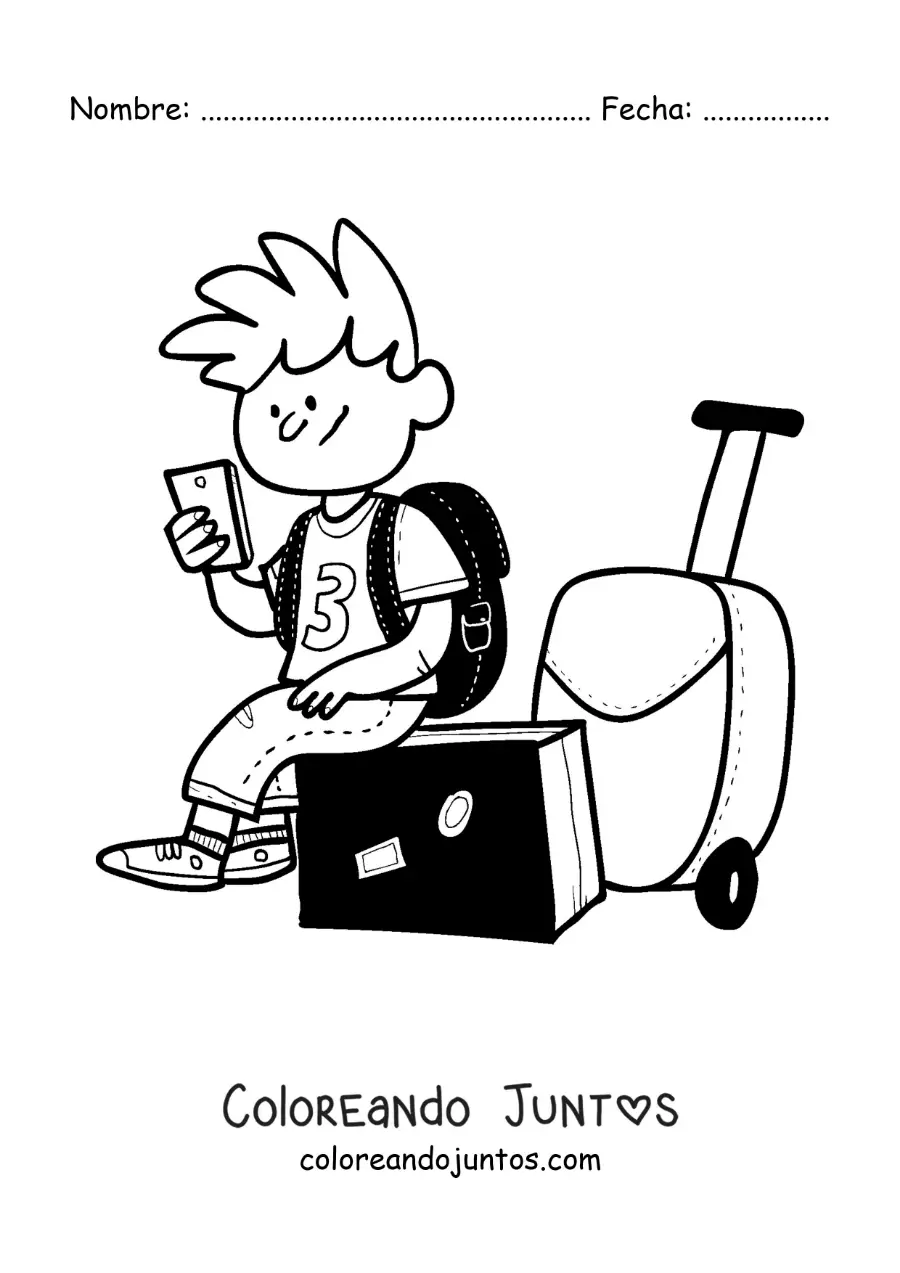 Imagen para colorear de una caricatura de un niño viajero sentado en su maleta