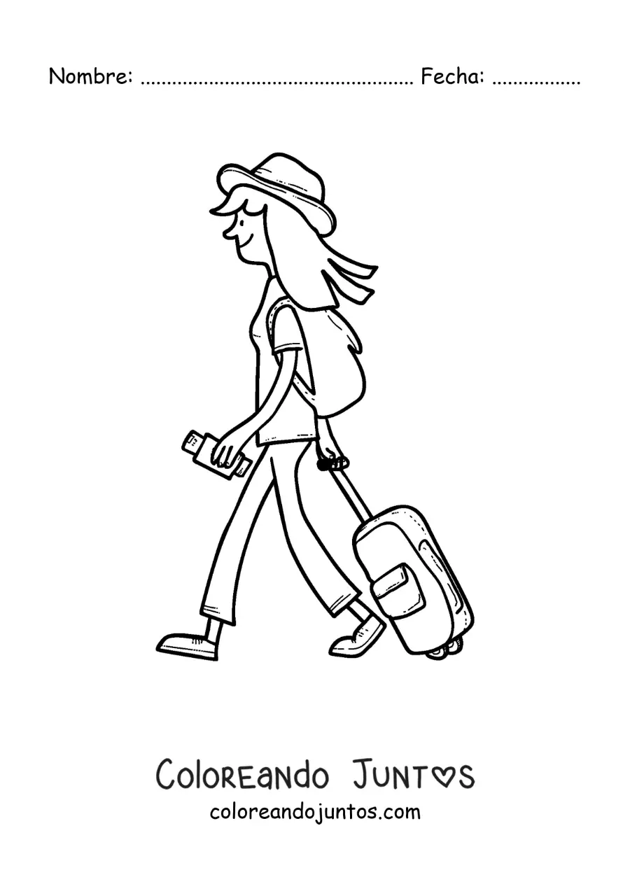 Imagen para colorear de una chica de viaje caminando con su equipaje