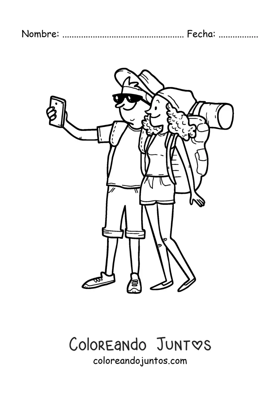 Imagen para colorear de una pareja de mochileros tomando una selfie