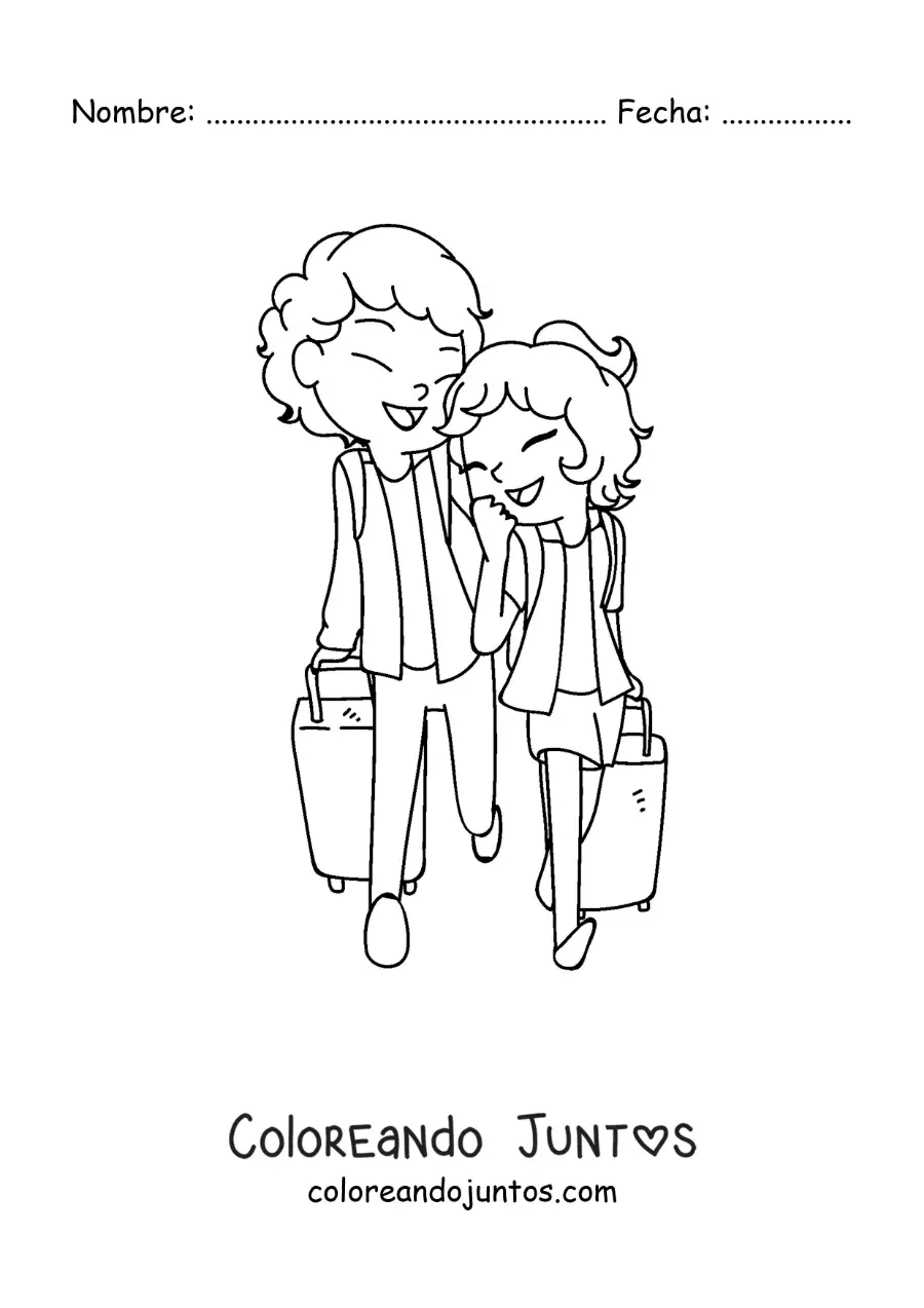 Imagen para colorear de una pareja kawaii de viaje con maletas
