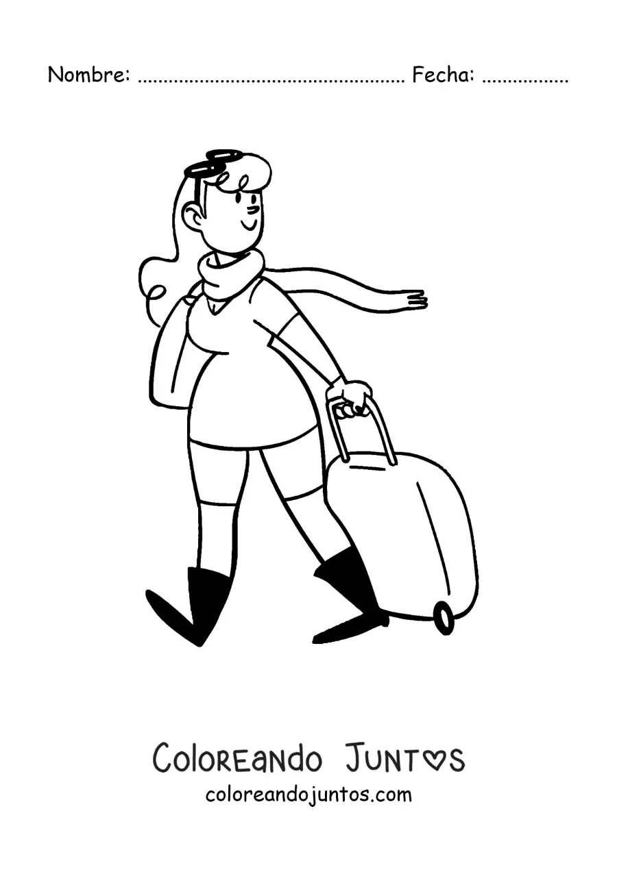 Imagen para colorear de una caricatura de una mujer de viaje con maleta y una bufanda