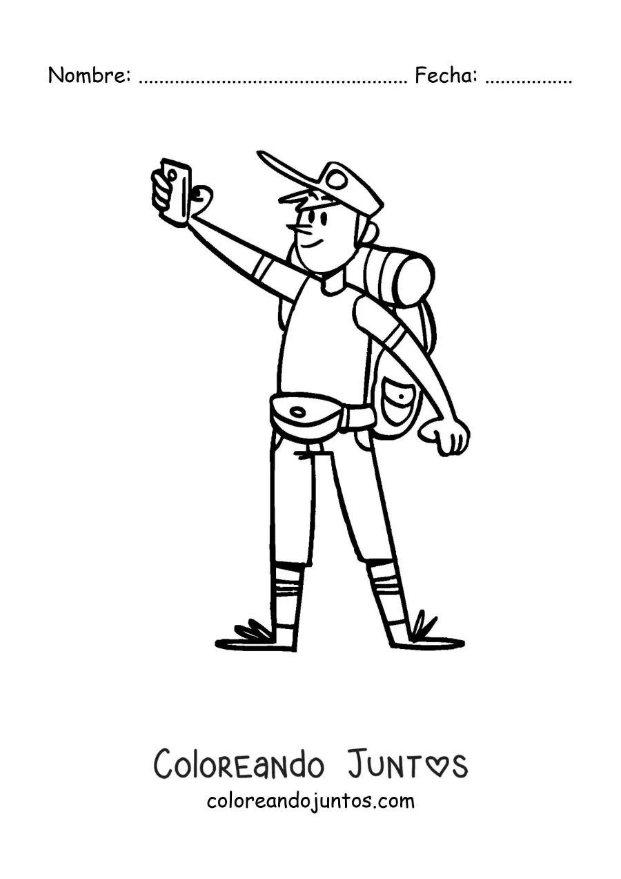 Imagen para colorear de una caricatura de un mochilero tomando una selfie