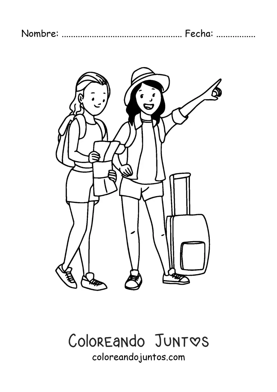 Imagen para colorear de dos chicas turistas con equipaje y un mapa