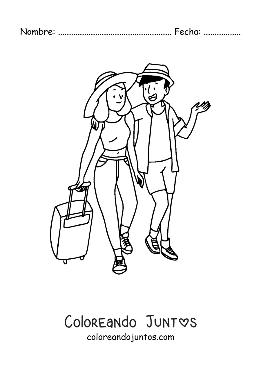 Imagen para colorear de una pareja de turistas caminando con su equipaje