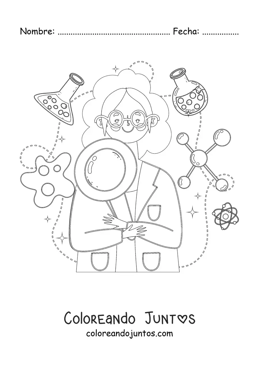 Imagen para colorear de una mujer científico rodeada de instrumentos de ciencia
