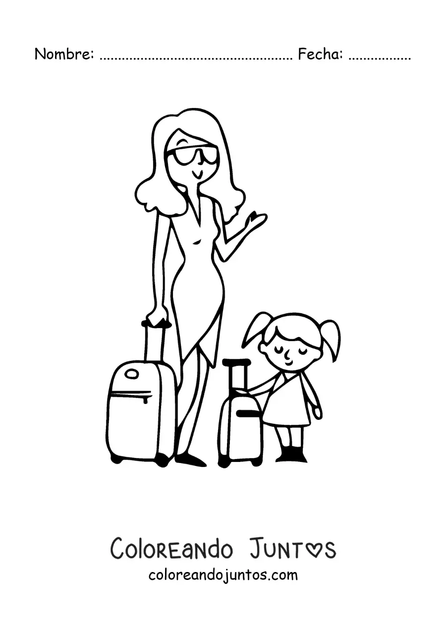 Imagen para colorear de una madre viajera con su hija