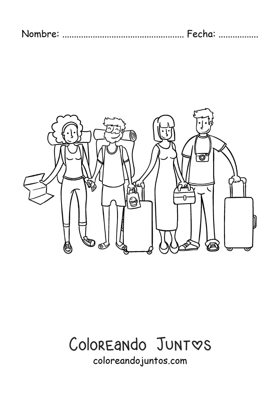 Imagen para colorear de un grupo de amigos de vacaciones con maletas