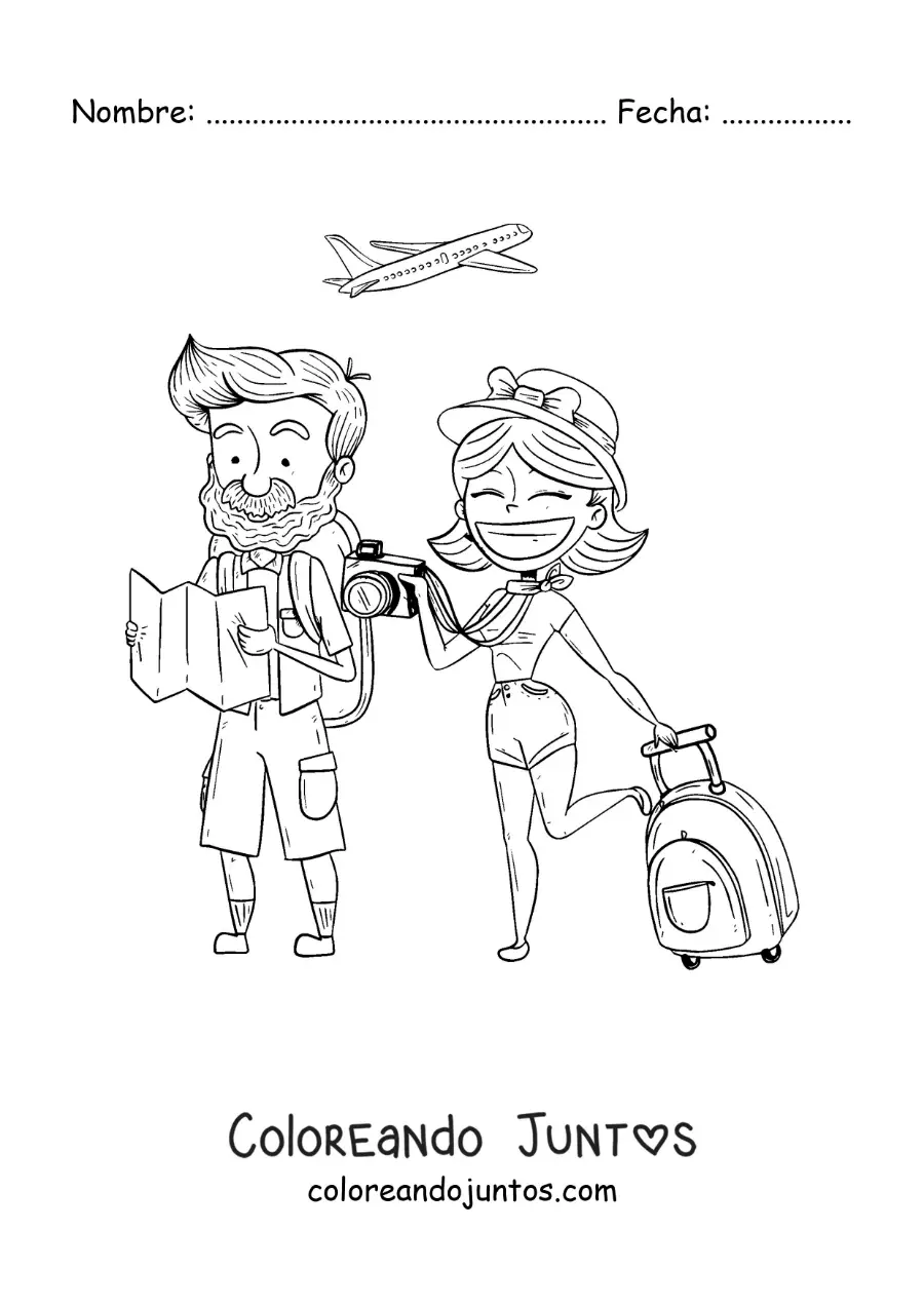 Imagen para colorear de una caricatura de una pareja de turistas