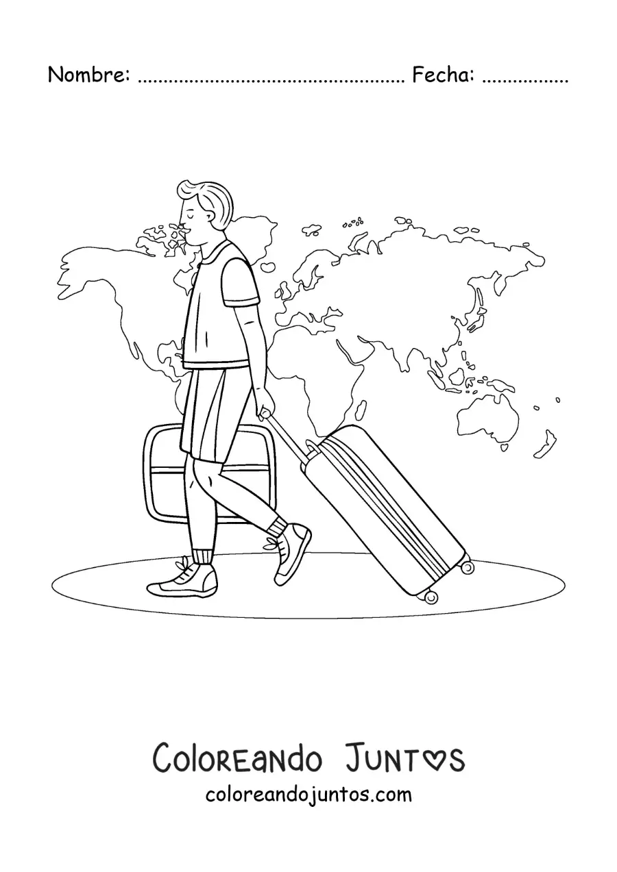 Imagen para colorear de un hombre viajando por el mundo con sus maletas
