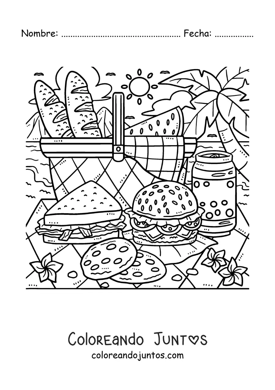 Imagen para colorear de una cesta de pícnic en la playa con un sandwich y una hamburguesa