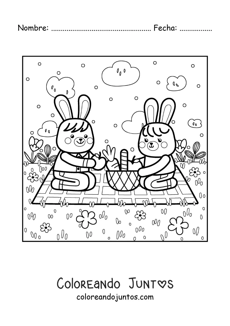 Imagen para colorear de dos conejos animados kawaii en un pícnic en el parque