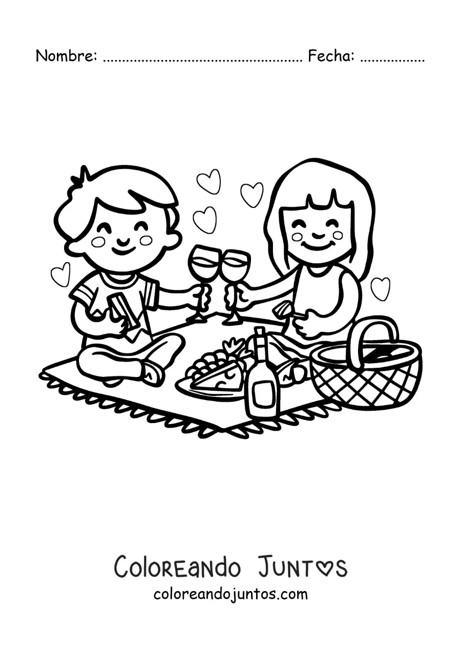 Imagen para colorear de dos enamorados animados kawaii en un pícnic