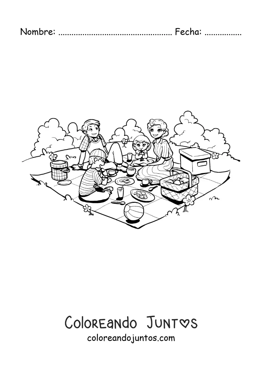 Imagen para colorear de una familia con niños comiendo en un pícnic en el parque