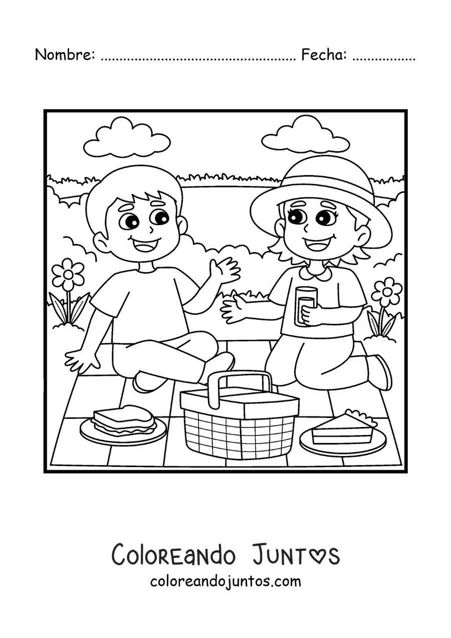 Imagen para colorear de dos niños en un pícnic en el parque