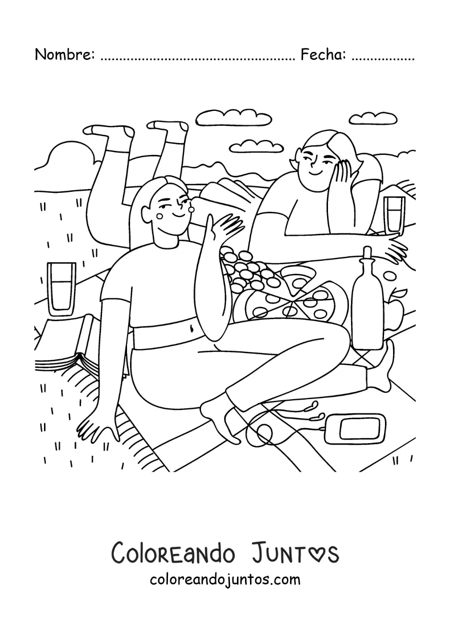 Imagen para colorear de dos amigas comiendo pizza en un pícnic