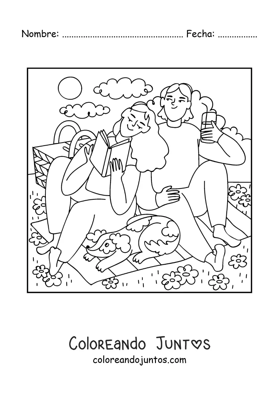 Imagen para colorear de una pareja leyendo en un pícnic con su perro