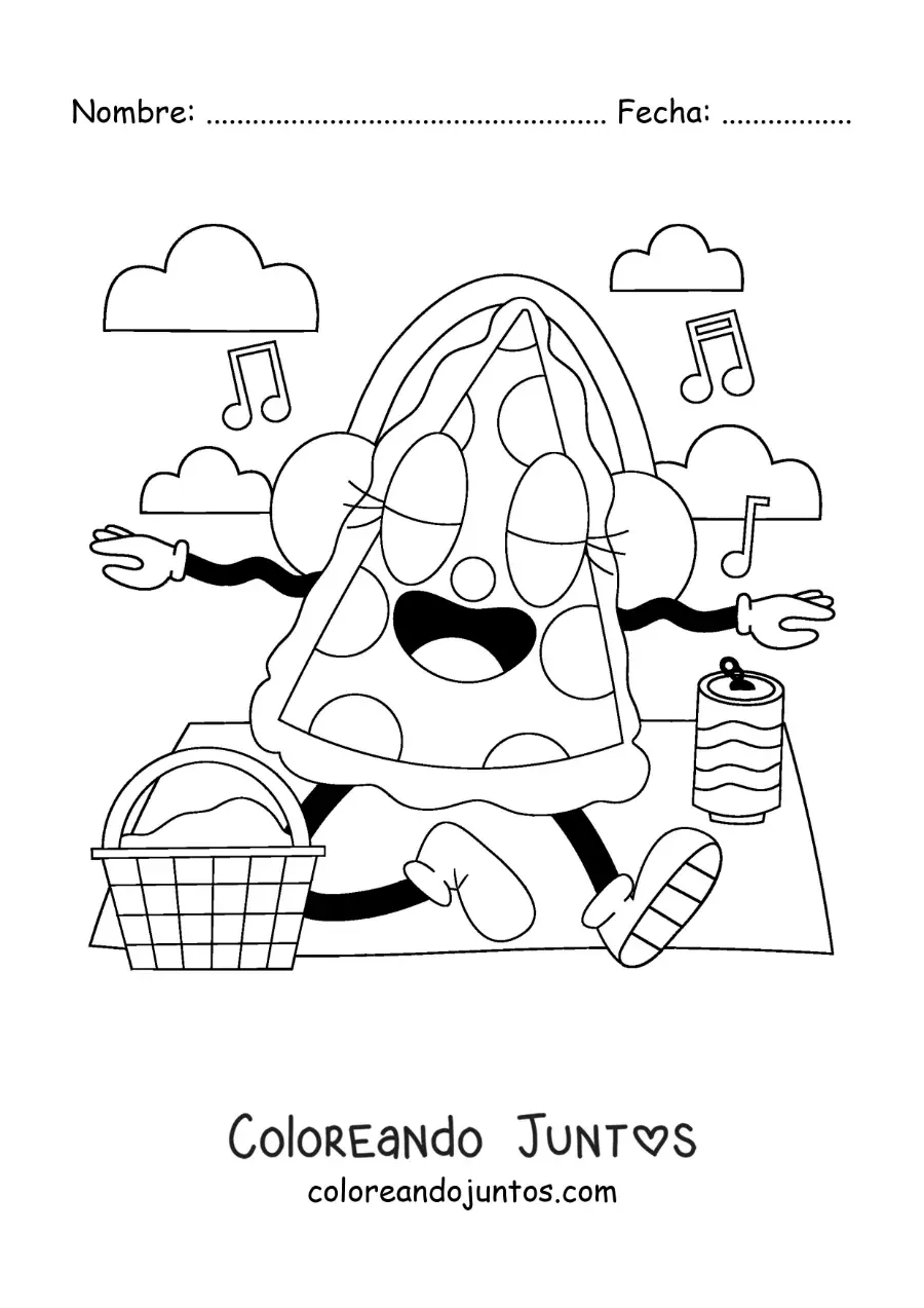 Imagen para colorear de una caricatura de un trozo de pizza animado en un pícnic