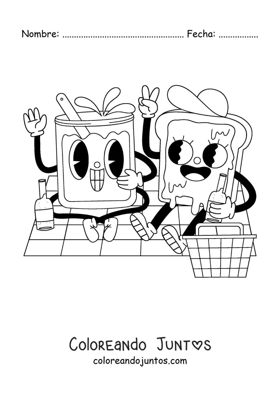 Imagen para colorear de una caricatura de un sandwich animado en un pícnic