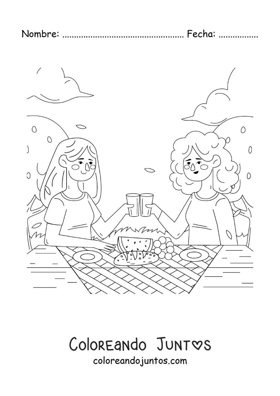 Imagen para colorear de dos chicas brindando en una mesa en un pícnic