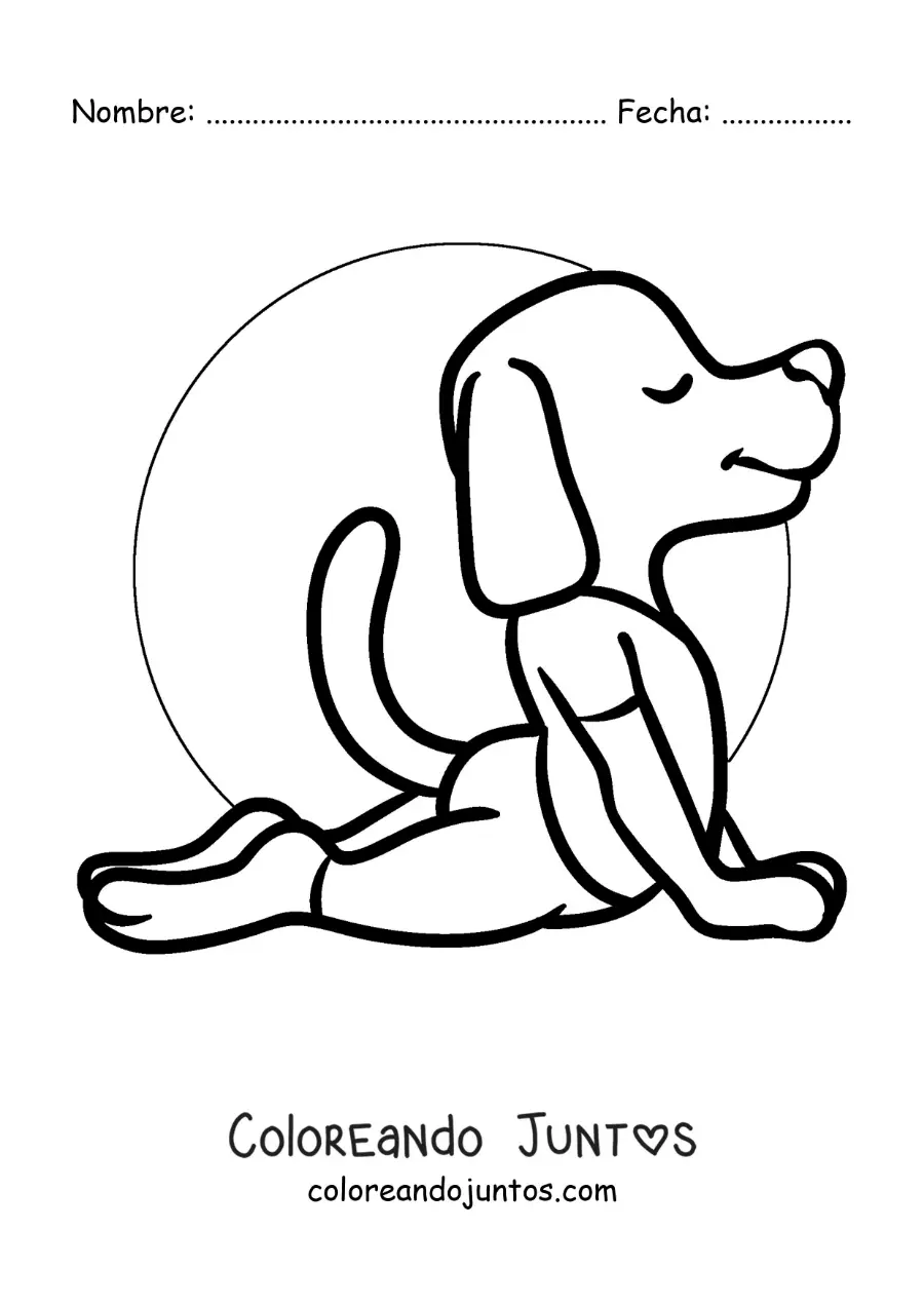Imagen para colorear de una caricatura de un perro haciendo la postura de la cobra de yoga