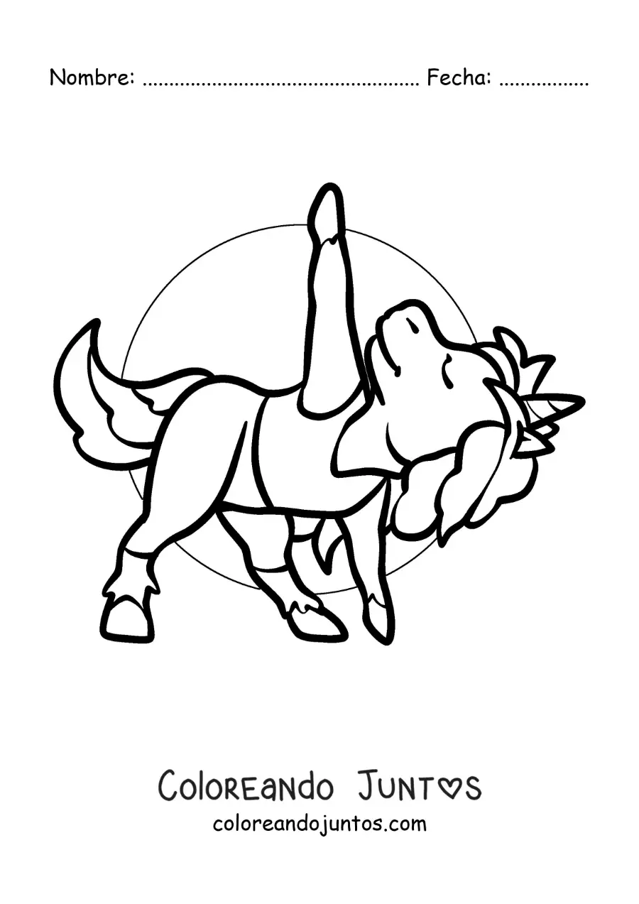 Imagen para colorear de una caricatura de un unicornio en la postura del triángulo extendido