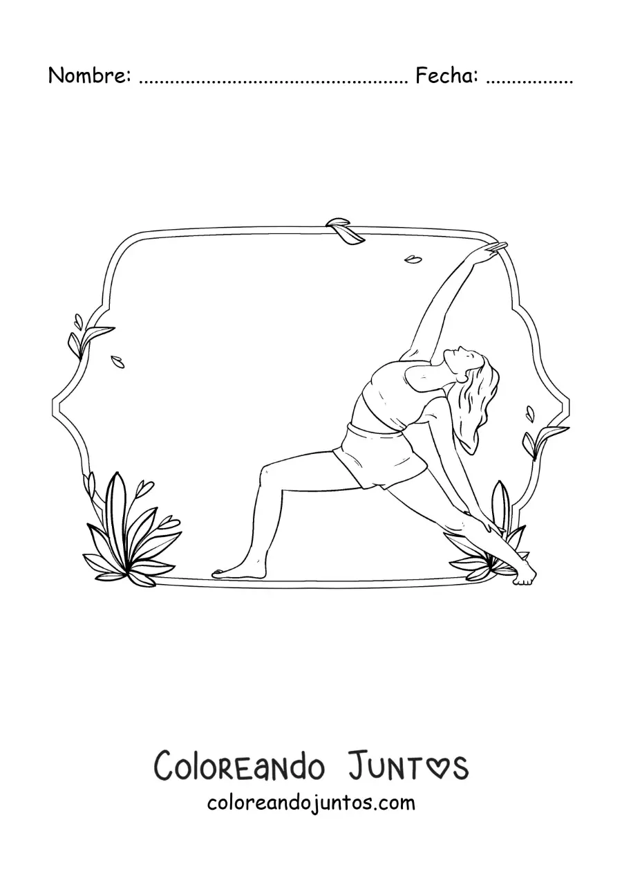 Imagen para colorear de una mujer practicando yoga en la postura del guerrero de paz