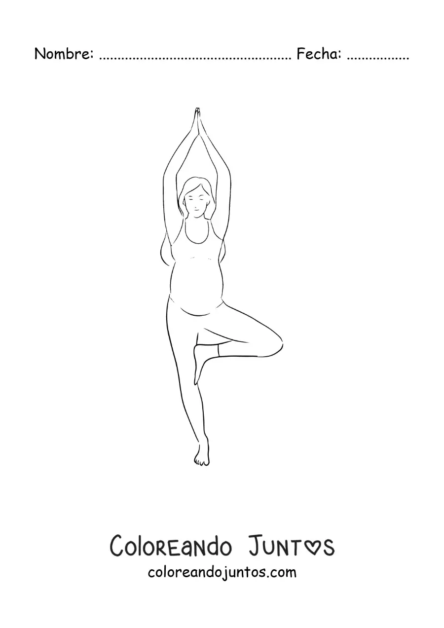 Imagen para colorear de una mujer embarazada haciendo la postura del árbol de yoga
