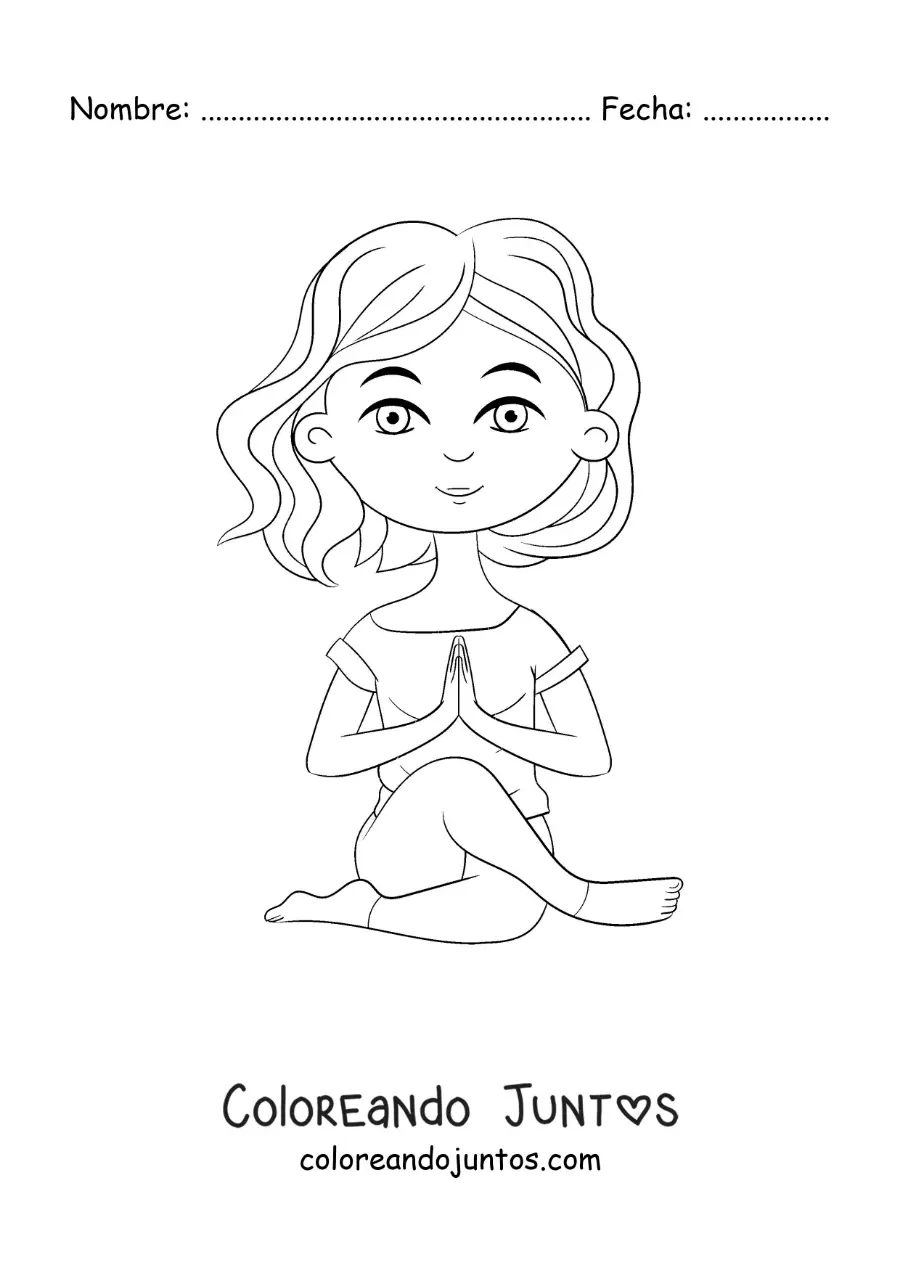 Imagen para colorear de una caricatura de una chica haciendo la postura del nudo de yoga