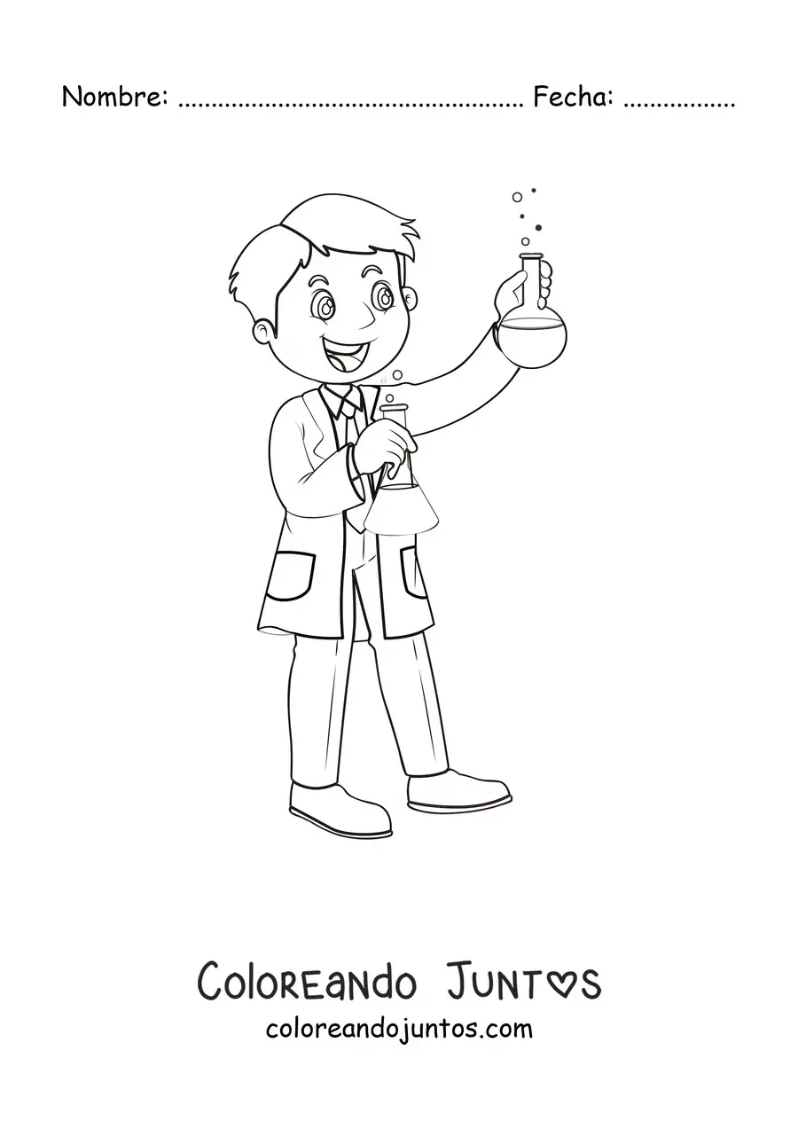 Imagen para colorear de un científico animado sujetando dos frascos químicos