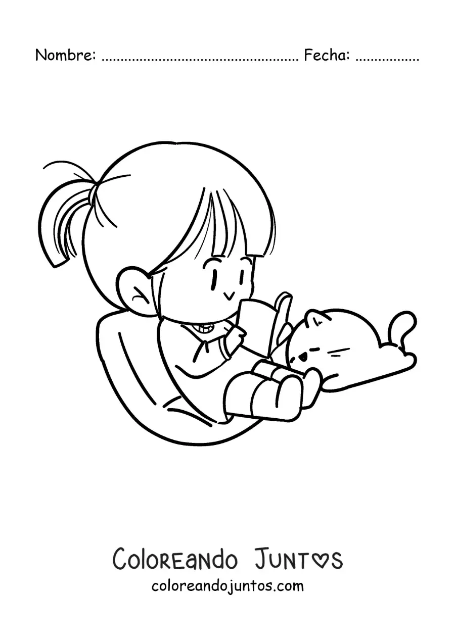 Imagen para colorear de una niña kawaii sentada leyendo un libro junto a su gato