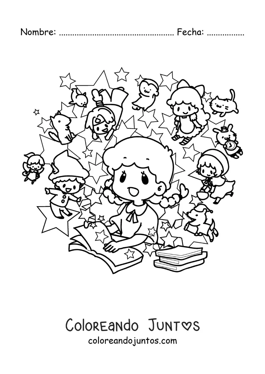 Imagen para colorear de una niña kawaii leyendo un libro con personajes animados que cobran vida