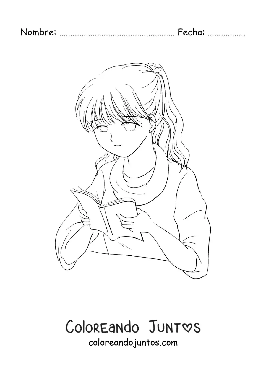 Imagen para colorear de una chica estilo anime leyendo un libro