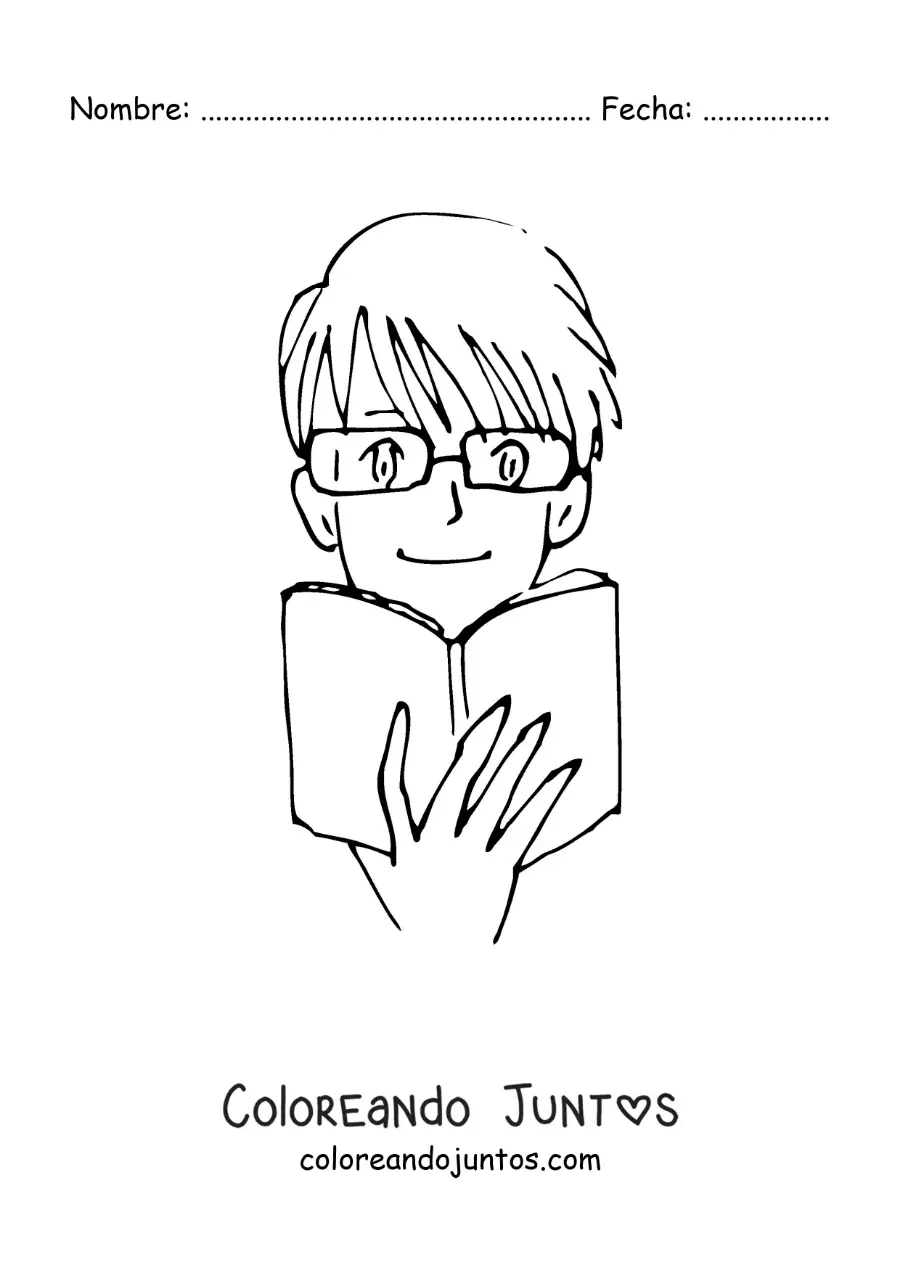 Imagen para colorear de un chico estilo anime leyendo un libro