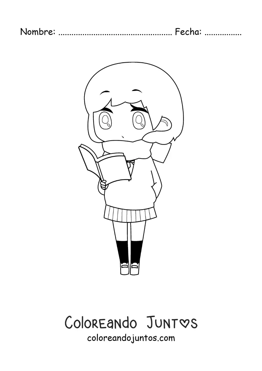 Imagen para colorear de una chica kawaii estilo chibi leyendo un libro