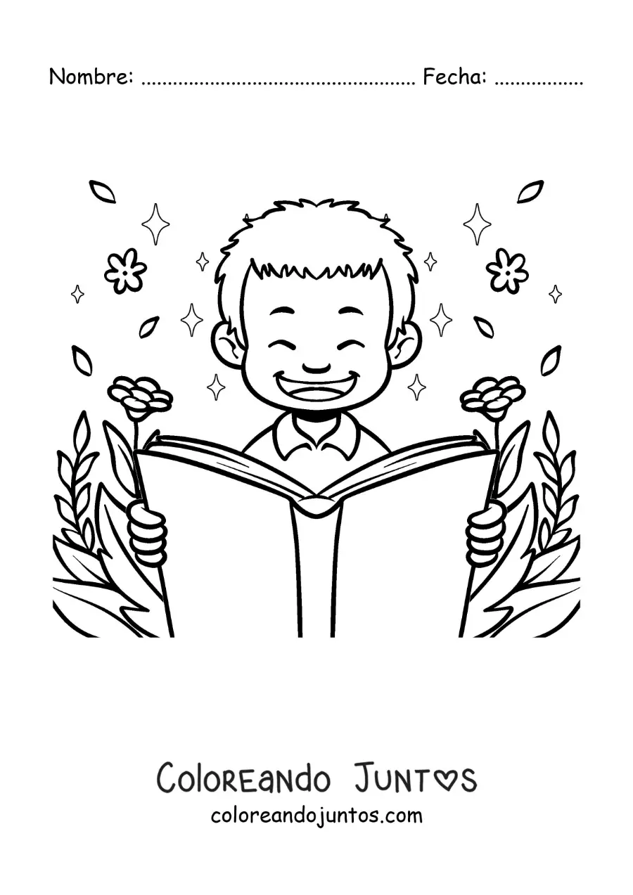 Imagen para colorear de un niño alegre leyendo rodeado de flores
