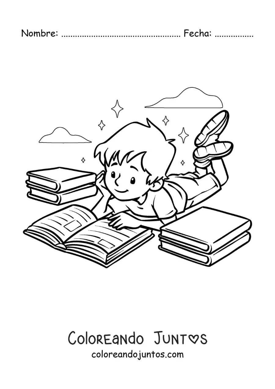 Imagen para colorear de un niño acostado leyendo un libro