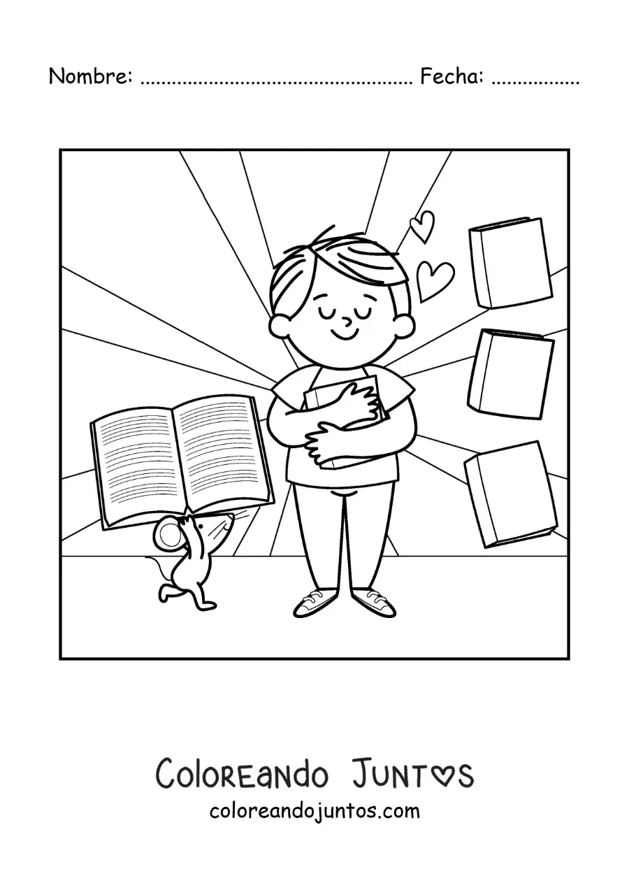 Imagen para colorear de un niño abrazando un libro junto a un ratón animado que le trae más libros