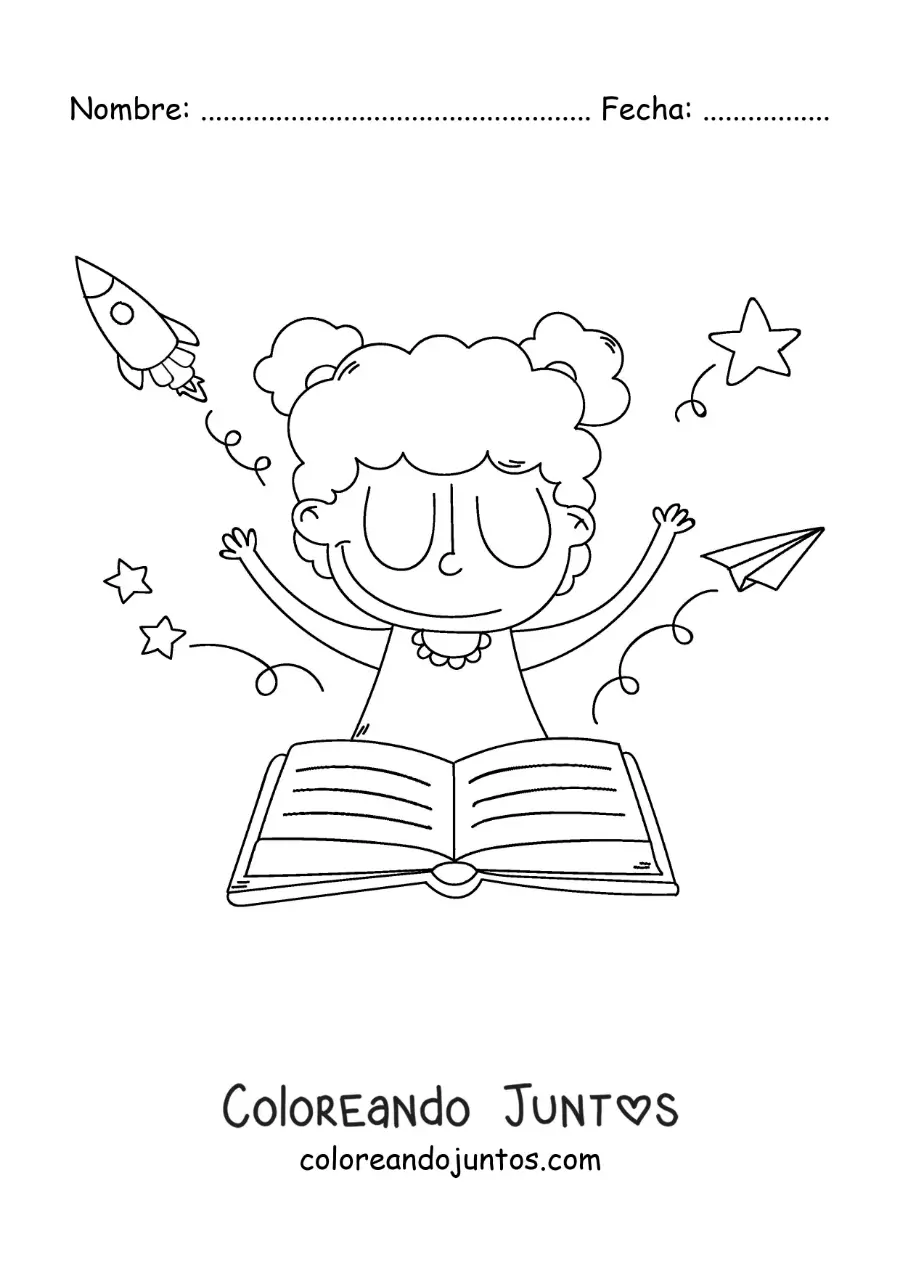 Imagen para colorear de una niña frente a un libro abierto dejando volar su imaginación