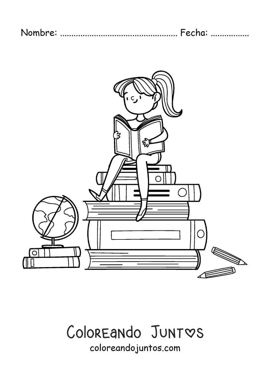 Imagen para colorear de una niña sentada sobre una pila de libros leyendo